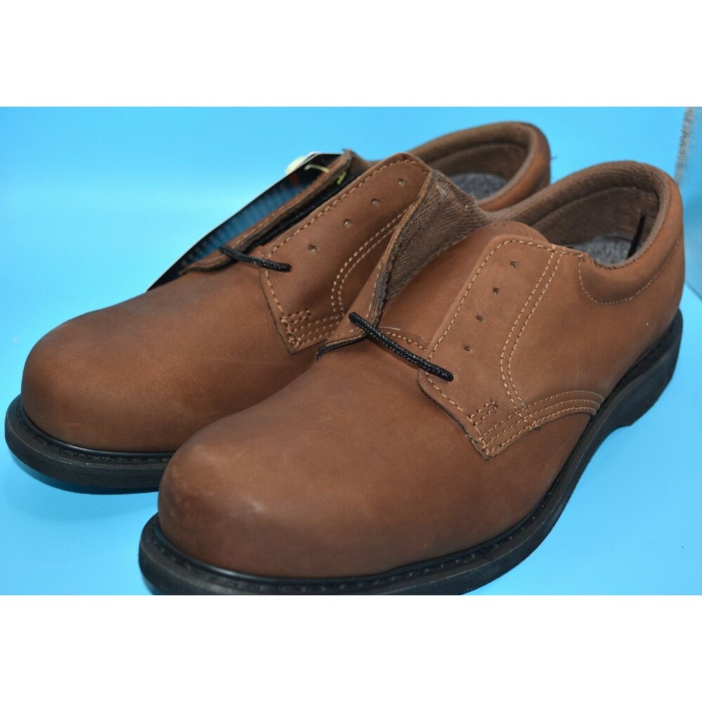 Hytest Sz 7 E Steel Toe Conductive Oxford Work Shoes Brown Leather Slip Grip NEW